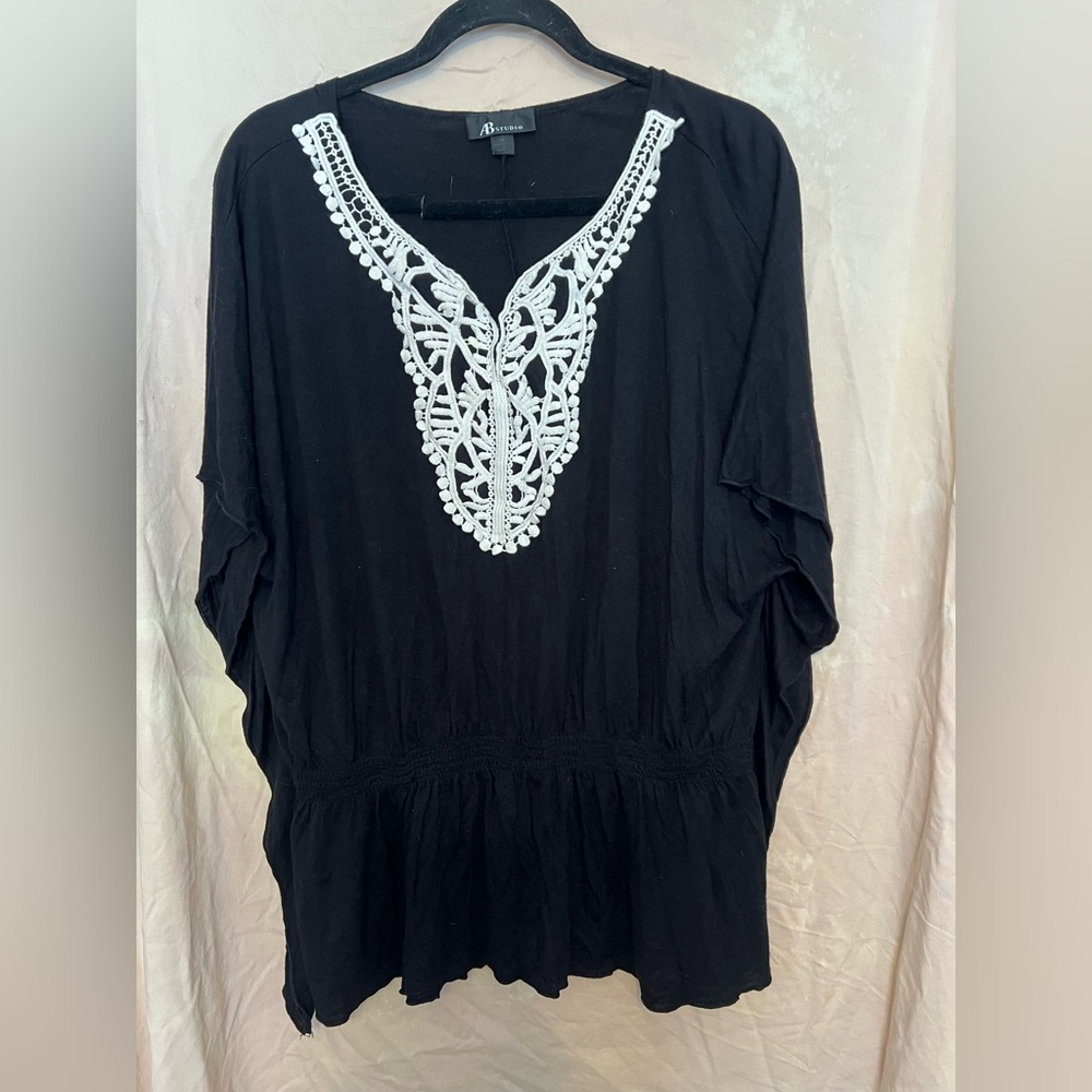 AB Studio Black Blouse with White Lace Accent